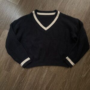 Dark navy V-Neck Sweater with cream Trim